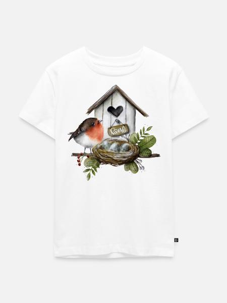 Vogelhaus mit Rotkehlchen - Kinder Premium Bio T-Shirt - Weiß