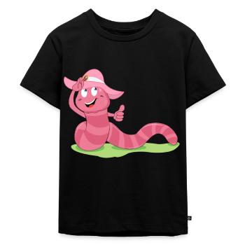 Rosa Wurm - Regenwurm mit Sonnenhut - Kinder Premium Bio T-Shirt - Schwarz - Vorne - Mikhail (115cm)