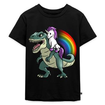 Einhorn reitet auf T-Rex Regenbogen Geschenk - Kinder Premium Bio T-Shirt - Schwarz - Vorne - Mikhail (115cm)