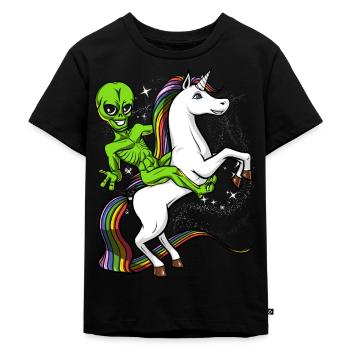 Space Alien Riding Unicorn UFO Cosmic - Kinder Premium Bio T-Shirt - Schwarz - Vorne - Mikhail (115cm)