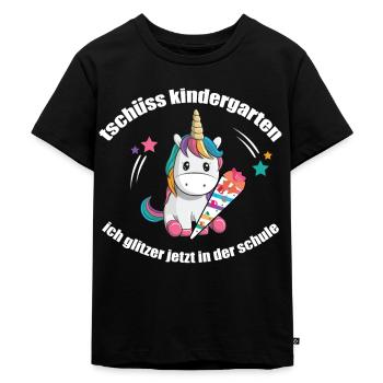 Tschüss Kindergarten Einhorn mit Schultüte - Kinder Premium Bio T-Shirt - Schwarz - Vorne - Mikhail (115cm)