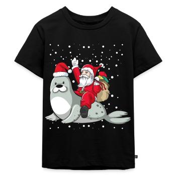 Santa reitet Robbe Seehund Ugly Christmas Zoo Tier - Kinder Premium Bio T-Shirt - Schwarz - Vorne - Mikhail (115cm)