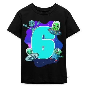 6. Kindergeburtstag - Alien und Ufo - Kinder Premium Bio T-Shirt - Schwarz - Vorne - Mikhail (115cm)
