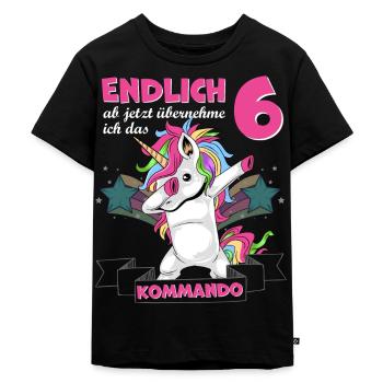 Kinderkleidung, Einhorn zum 6. Geburtstag, 6 Jahre - Kinder Premium Bio T-Shirt - Schwarz - Vorne - Mikhail (115cm)