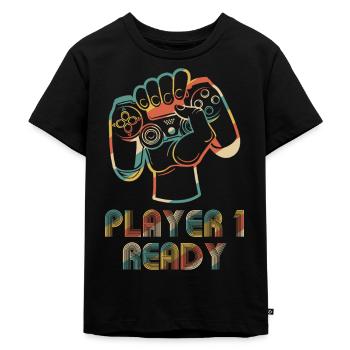 Player 1 Ready Gamer Gaming Controller Video Games - Kinder Premium Bio T-Shirt - Schwarz - Vorne - Mikhail (115cm)