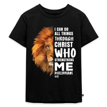 I Can Do All Things Through Christ Religiöser Löwe - Kinder Premium Bio T-Shirt - Schwarz - Vorne - Mikhail (115cm)