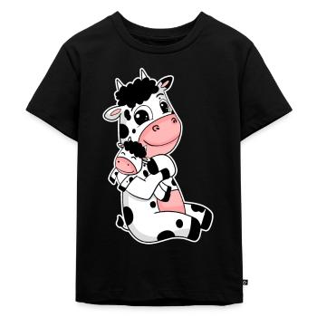 Kuh Familie - Kuh mit Baby - Kuh Motiv - Kinder Premium Bio T-Shirt - Schwarz - Vorne - Mikhail (115cm)