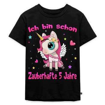 Mädchen Einhorn 5. Geburtstag Ich bin 5 Jahre - Kinder Premium Bio T-Shirt - Schwarz - Vorne - Mikhail (115cm)