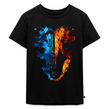Saxophon Rot Blau Feuer Musikinstrument - Kinder Premium Bio T-Shirt - Schwarz - Vorne - Mikhail (115cm)