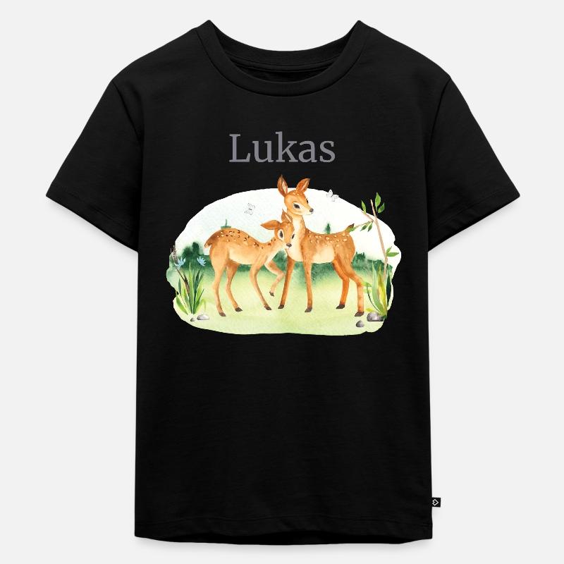 Waldtier Reh Blumen Name Lukas - Kinder Premium Bio T-Shirt - Schwarz