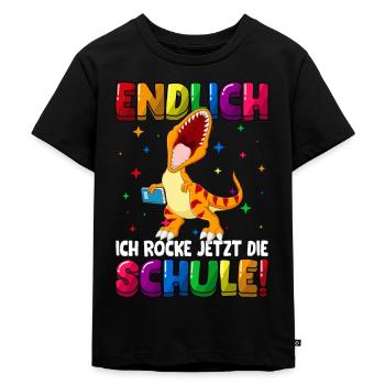 Endlich ich rocke jetzt die Schule Dinosaurier - Kinder Premium Bio T-Shirt - Schwarz - Vorne - Mikhail (115cm)