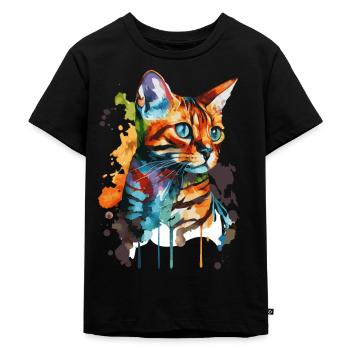 Watercolor Bengal Cat Colorful Cat Lover - Kinder Premium Bio T-Shirt - Schwarz - Vorne - Mikhail (115cm)
