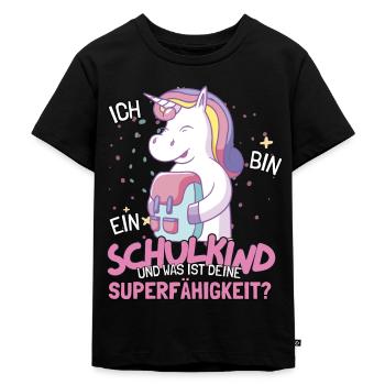 Schulkind Süßes Einhorn für Einschulung Schulstart - Kinder Premium Bio T-Shirt - Schwarz - Vorne - Mikhail (115cm)