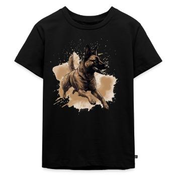 Belgian Malinois springt ins Wasser - Kinder Premium Bio T-Shirt - Schwarz - Vorne - Mikhail (115cm)