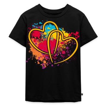 two intertwined hearts on splashes of color - Kids Premium Organic T-Shirt - black - Front - Mikhail (115cm)