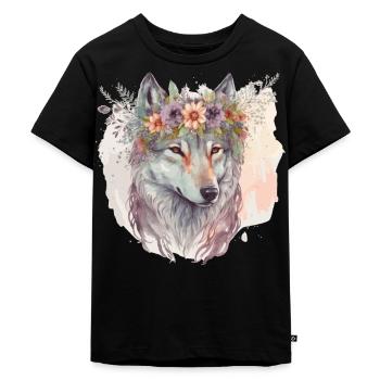 Artistic Watercolor Wolf Flower Crown Floral Anima - Kinder Premium Bio T-Shirt - Schwarz - Vorne - Mikhail (115cm)