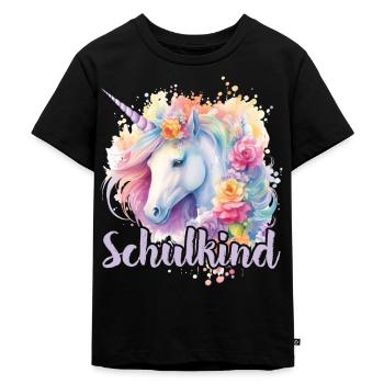 Einhorn Blumen Schulkind Einschulung 2023 - Kinder Premium Bio T-Shirt - Schwarz - Vorne - Mikhail (115cm)