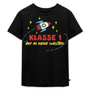 Klasse 1 - Einschulung - Rakete Weltraum - Kinder Premium Bio T-Shirt - Schwarz - Vorne - Mikhail (115cm)