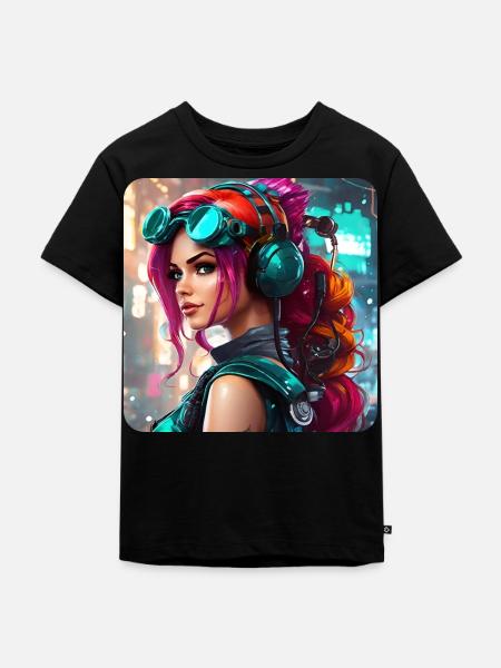 Cooles Cyberpunk Girl mit Kopfhörer - Kinder Premium Bio T-Shirt - Schwarz