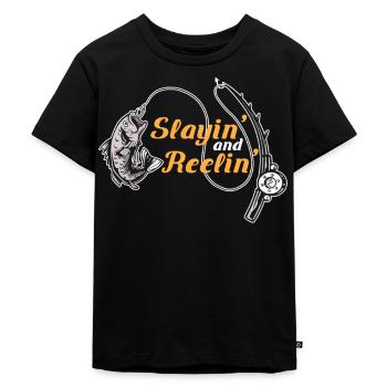 Slayin and Reelin Fish Cast Funny Fishing - Kinder Premium Bio T-Shirt - Schwarz - Vorne - Mikhail (115cm)