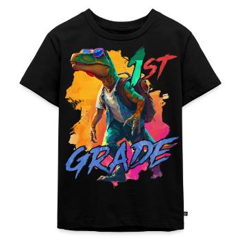 Dino Schulranzen 1. Klasse Einschulung Junge - Kinder Premium Bio T-Shirt - Schwarz - Vorne - Mikhail (115cm)