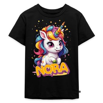 NORA - Schöner Mädchen Name mit süßem Einhorn - Kinder Premium Bio T-Shirt - Schwarz - Vorne - Mikhail (115cm)
