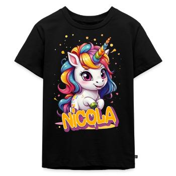 NICOLA - Beautiful girl name with cute unicorn - Kids Premium Organic T-Shirt - black - Front - Mikhail (115cm)