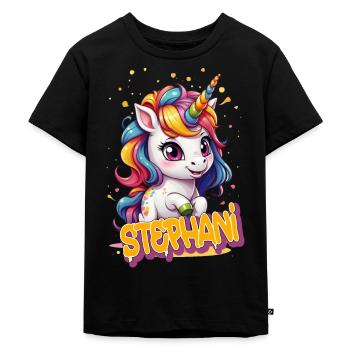 STEPHANI - Schöner Mädchen Name mit süßem Einhorn - Kinder Premium Bio T-Shirt - Schwarz - Vorne - Mikhail (115cm)