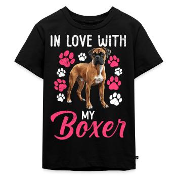 Deutsche Boxer VERLIEBT IN MEINEN BOXER Besitzerin - Kinder Premium Bio T-Shirt - Schwarz - Vorne - Mikhail (115cm)