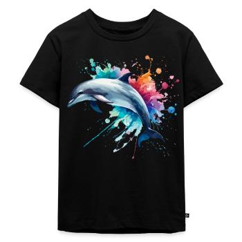 Lebendiger Delfin in Aquarell, Ozean - Kinder Premium Bio T-Shirt - Schwarz - Vorne - Mikhail (115cm)