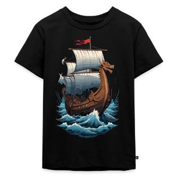 Wikinger Drachenboot Auf Hoher See - Kinder Premium Bio T-Shirt - Schwarz - Vorne - Mikhail (115cm)