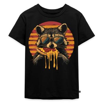 Waschbär mit Sonnenbrille isst Pizza - Kinder Premium Bio T-Shirt - Schwarz - Vorne - Mikhail (115cm)