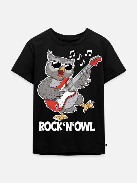 Rock N‘ Owl – Eule mit E-Gitarre - Kinder Premium Bio T-Shirt - Schwarz