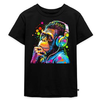 Chimpansee met koptelefoon gekleurde aap DJ - Kinderen Premium Bio T-shirt - zwart - Voor - Mikhail (115cm)