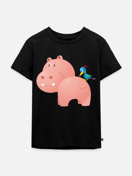 Nilpferd mit Vogel - Kinder Premium Bio T-Shirt - Schwarz