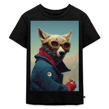 Wolf Flieger Cool Brille - Kinder Premium Bio T-Shirt - Schwarz - Vorne - Mikhail (115cm)