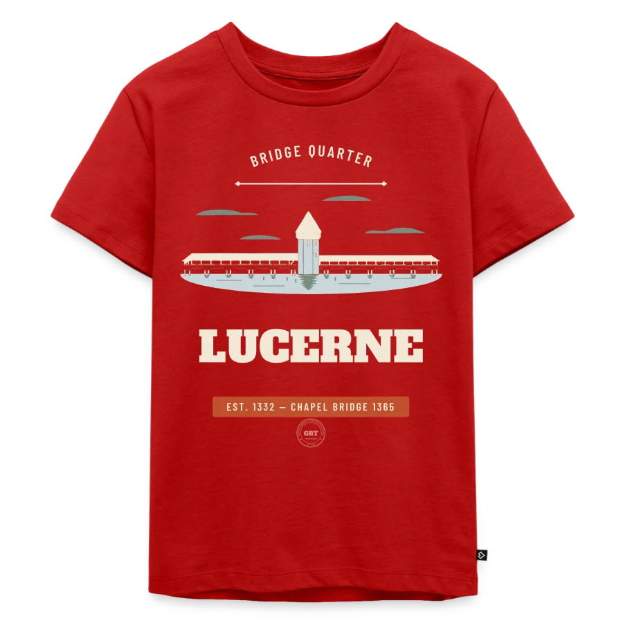 Lucerne badge on a kids premium organic t-shirt, red