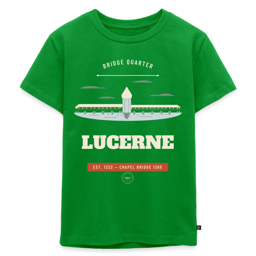 Lucerne badge on a kids premium organic t-shirt, green