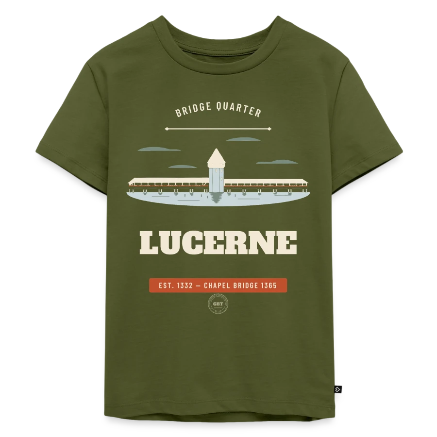 Lucerne badge on a kids premium organic t-shirt, khaki