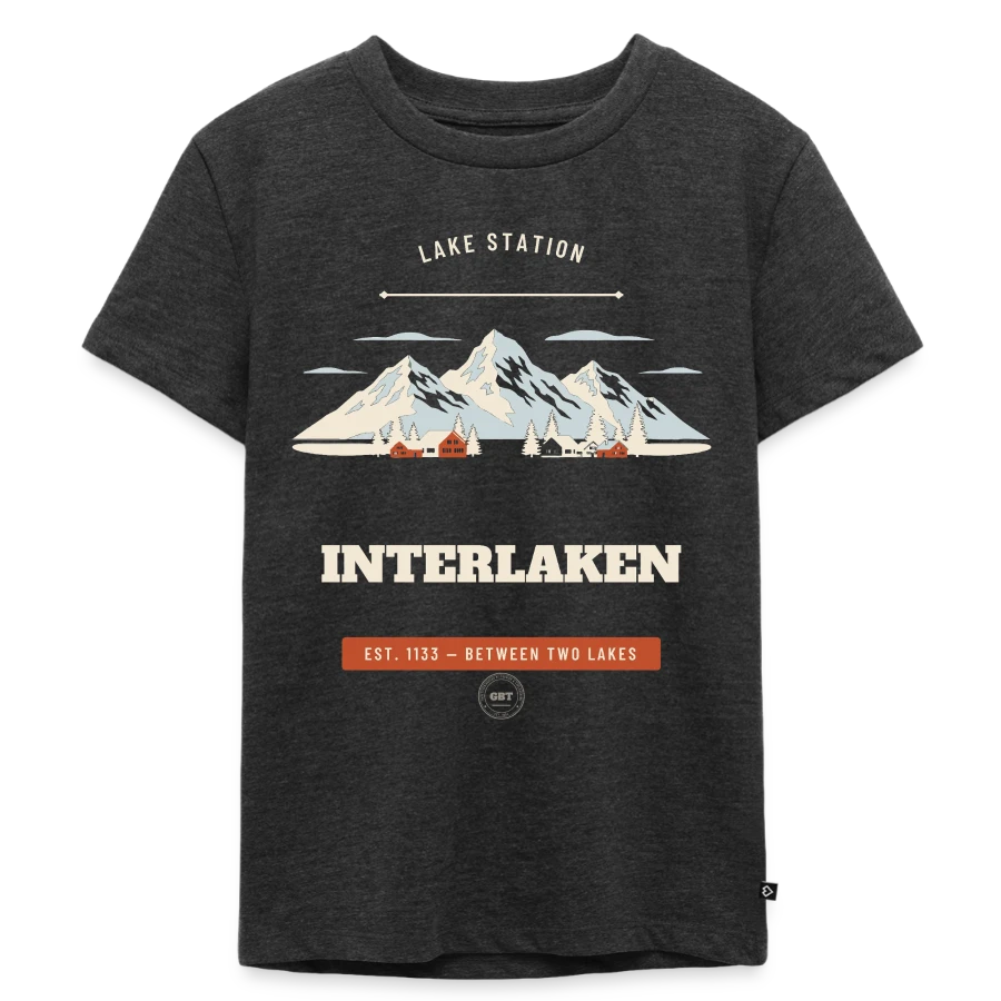 Interlaken badge on a kids premium organic t-shirt, heather anthracite