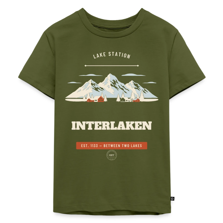 Interlaken badge on a kids premium organic t-shirt, khaki