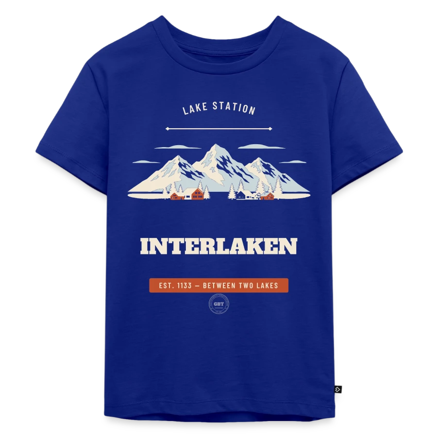 Interlaken badge on a kids premium organic t-shirt, royal blue