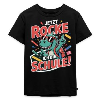 Dino T-Shirt Einschulung – Jetzt rocke ich Schule - Kinder Premium Bio T-Shirt - Schwarz - Vorne - Mikhail (115cm)