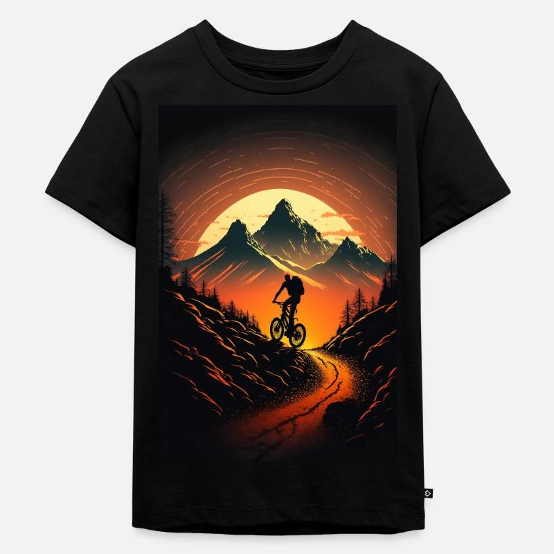 Mountainbiker im Sonnenuntergang Grafik - Kinder Premium Bio T-Shirt - Schwarz