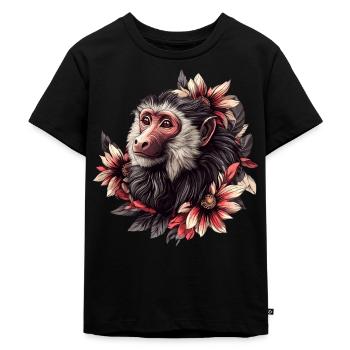 Baboon with flower frame - Kids Premium Organic T-Shirt - black - Front - Mikhail (115cm)