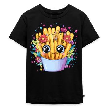 Pommes mit Blumenkranz - Kinder Premium Bio T-Shirt - Schwarz - Vorne - Mikhail (115cm)