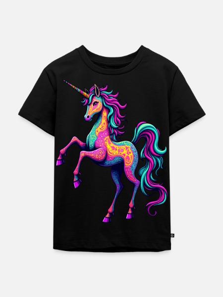 Psychedelisches Neon-Einhorn – Buntes Fantasy-Pferd - Kinder Premium Bio T-Shirt - Schwarz