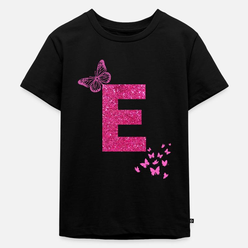 E Buchstabe pink Glitzer Schmetterlinge - Kinder Premium Bio T-Shirt - Schwarz