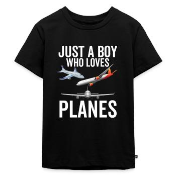 Nur ein Junge, der Flugzeuge liebt - Kinder Premium Bio T-Shirt - Schwarz - Vorne - Mikhail (115cm)