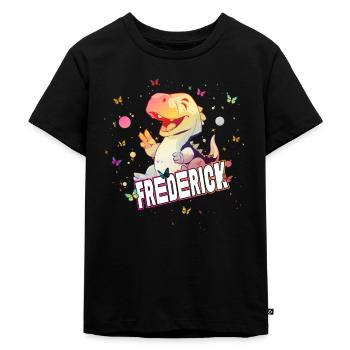 FREDERICK - Schöner Junge Name mit süßem DINO - Kinder Premium Bio T-Shirt - Schwarz - Vorne - Mikhail (115cm)